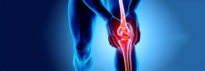 Illustration of a person holding a painful knee joint, with the knee highlighted in red to represent inflammation, injury, or chronic knee pain against a blue anatomical background.